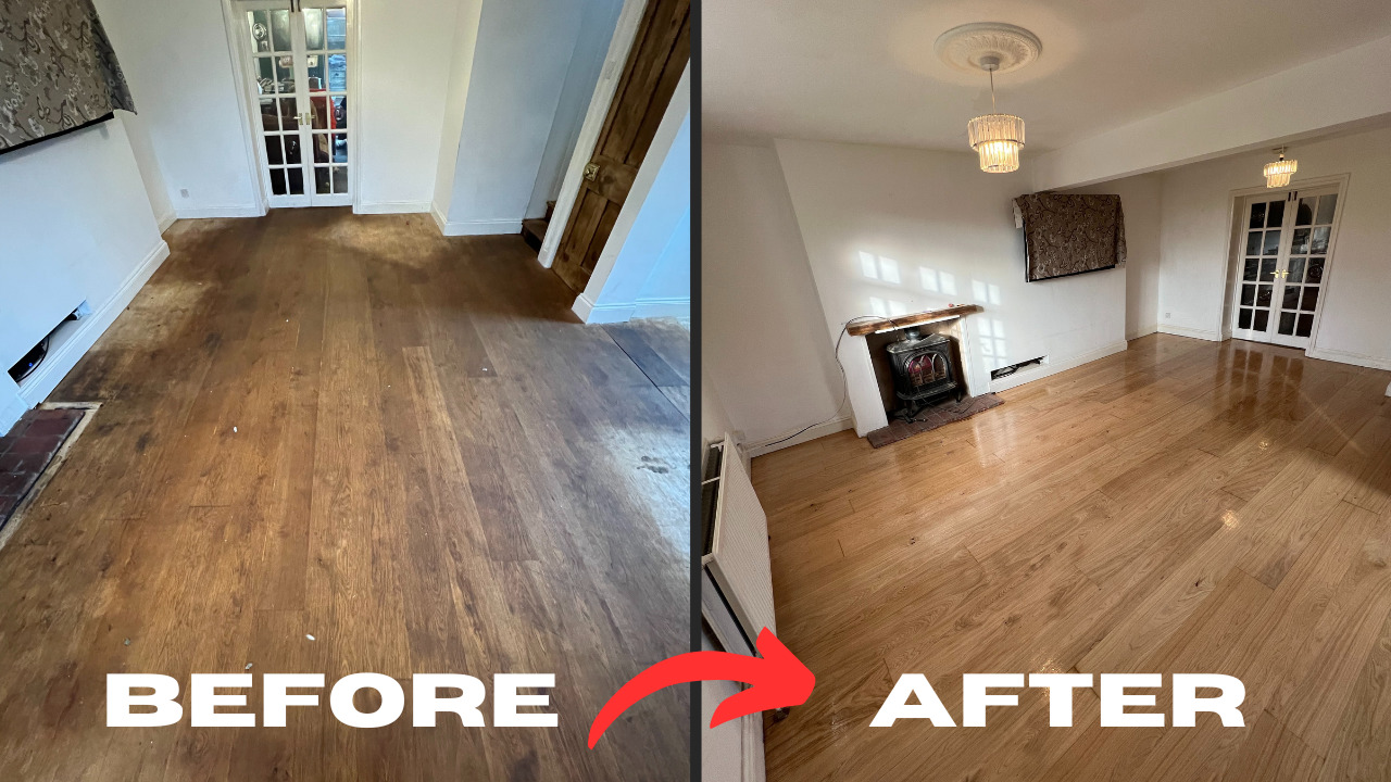 Side-by-side “before and after” view of an oak plank hardwood floor, clearly illustrating the dramatic results of Professional Wood Floor Sanding.