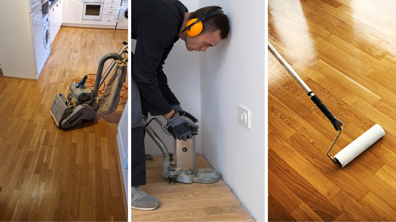 Three-panel view of a Professional Wood Floor Sanding workflow on an oak strip hardwood floor: drum sander in a kitchen, technician edging along a wall, and roller applying the clear finish.