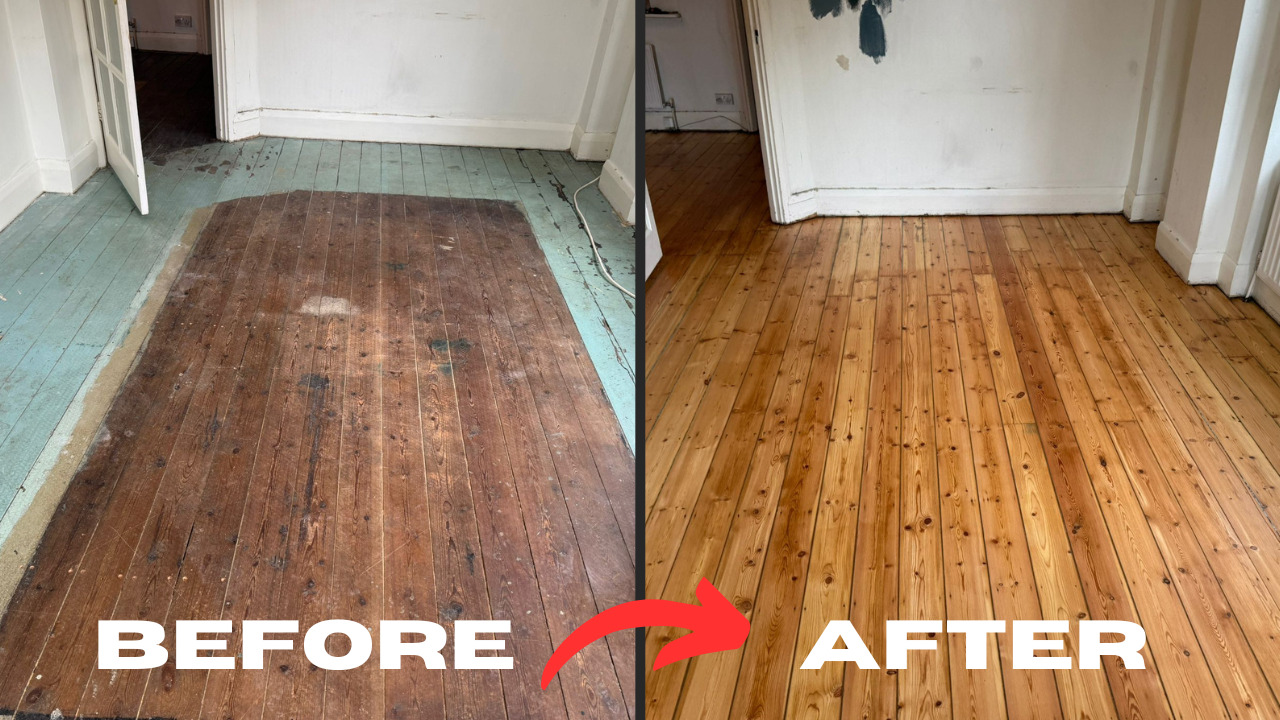 Before-and-after comparison of softwood pine floorboards restored through Wood Floor Sanding.