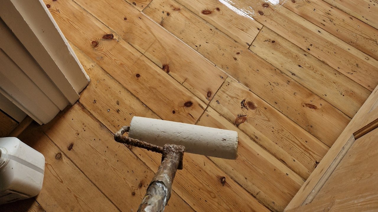 Applying a clear finish with a roller to solid pine floorboards following Wood Floor Sanding.