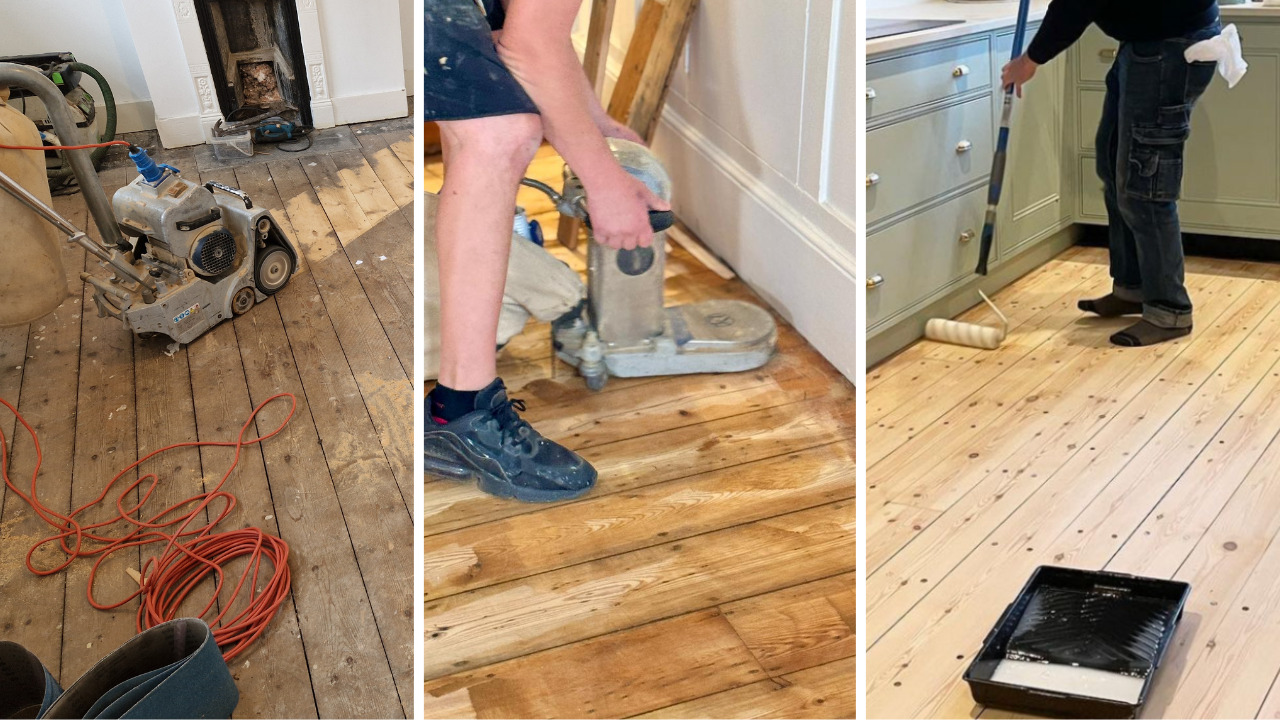 Collage showing three stages of Wood Floor Sanding on solid pine floorboards: drum sanding, edge sanding by skirting, and roller application of finish.