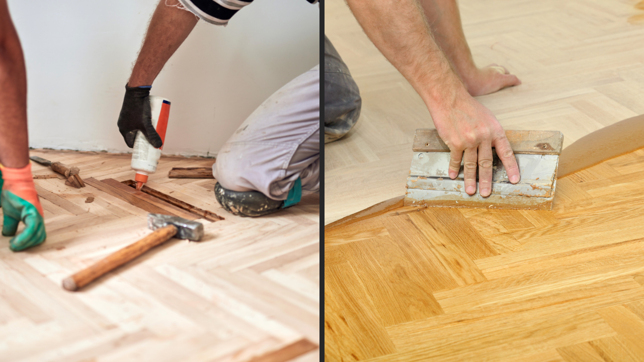 Floor Sanding Preparation Checklist showing oak herringbone parquet floor repair and oil application before and after sanding.