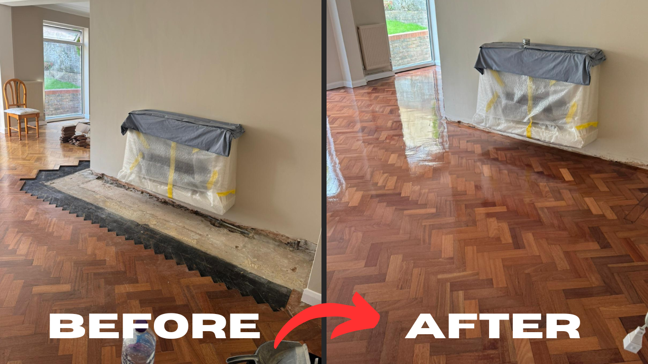 Floor Sanding Preparation Checklist before and after on restored oak herringbone parquet solid wood floor, showing transformation from damaged area to fully refinished surface.