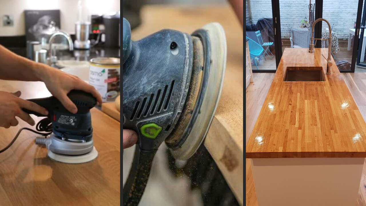 Worktop Refinishing on an oak butcher block kitchen worktop with engineered oak floor, showing sanding stages and the final glossy, restored wooden surface.
