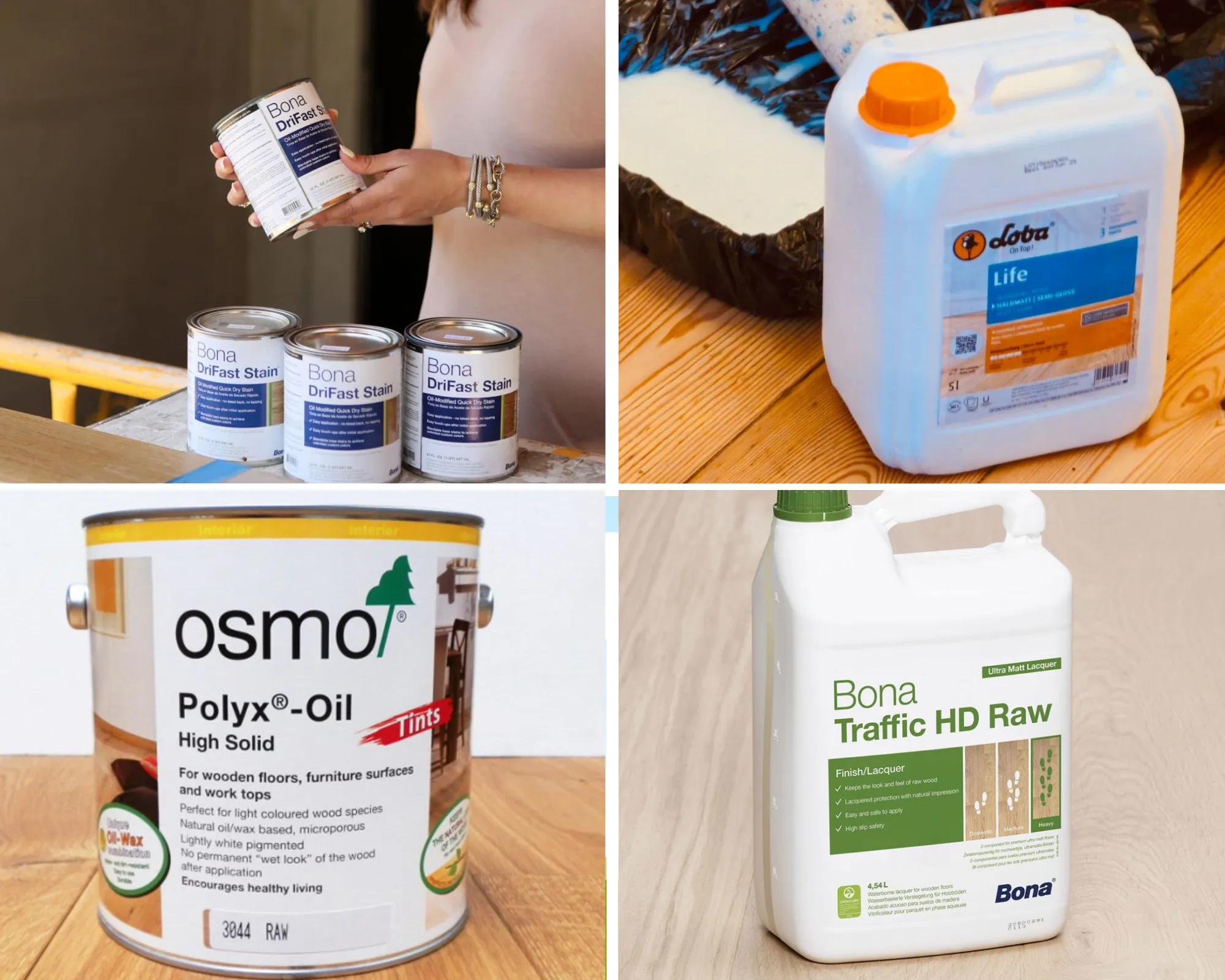 Worktop Refinishing products for oak hardwood floor and oak hardwood worktop, including professional oils, stains and lacquers from Bona, Loba and Osmo.