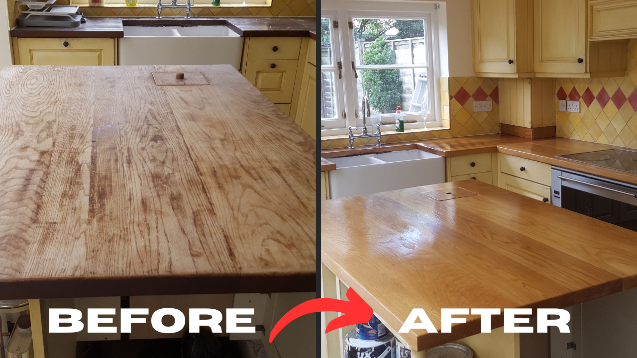 Worktop Refinishing on solid oak wooden kitchen worktop – before and after transformation from dull, scratched oak surface to smooth, glossy showpiece in a traditional kitchen.