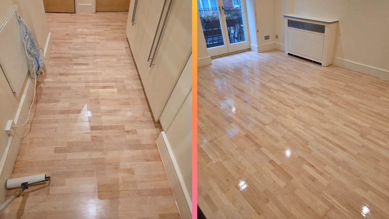 Hardwood Floor Refinishing before-and-after showing a maple engineered hardwood floor restored to a smooth, glossy finish with an even colour and clean sheen.