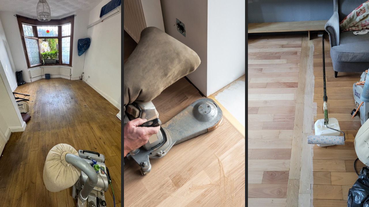 Hardwood Floor Refinishing stages showing solid oak floorboards being sanded with professional edging and floor sanding machines, then sealed with a roller for a smooth, protected finish.